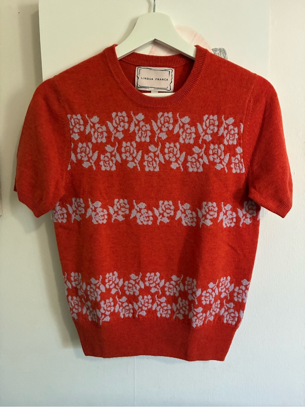 Lingua Franca Crewneck Short-Sleeve Cashmere and Wool Sweater w/ Floral Motif